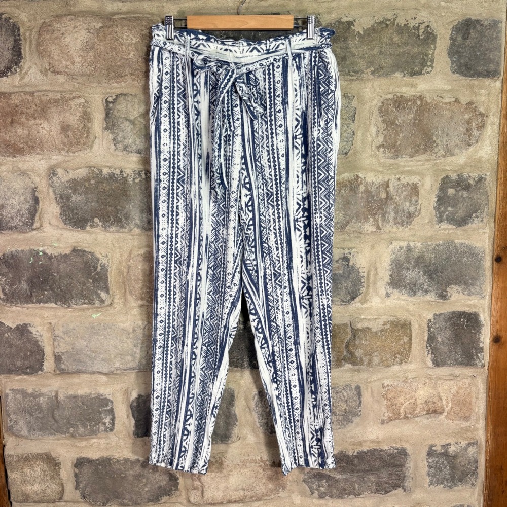Cali 1850 Womens Blue White Geometric Linen Blend Paperbag Pants Large Coastal